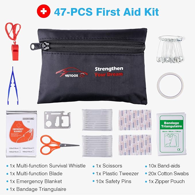 Vetoos Car Roadside Emergency Kit with Jumper Cables, Auto Vehicle Safety Road Side Assistance Kits, Winter Car Kit Essentials for Women and Men, with Portable Air Compressor, Folding Survival Shovel