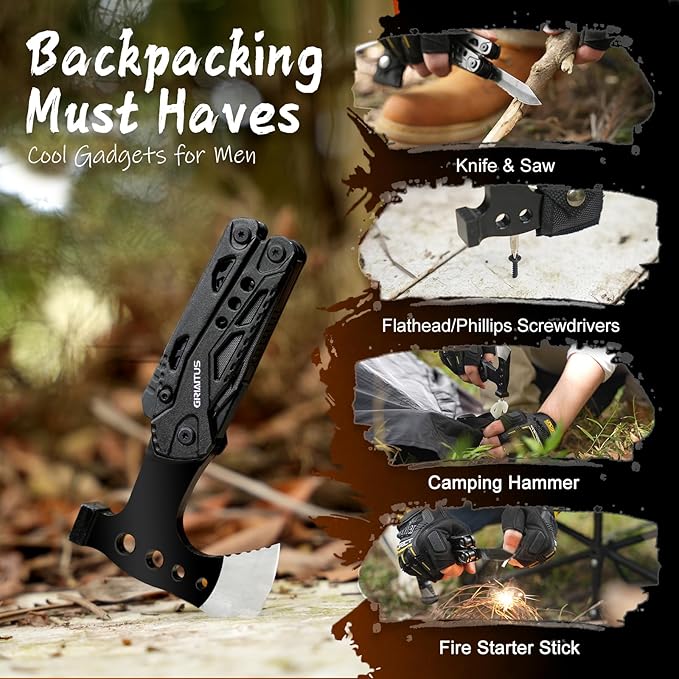 Camping Essentials 16 in 1 Multitool Camping Gear Gifts for Men Dad Multi Tool Survival Gear with Axe Hammer Pliers Saw Screwdrivers Bottle Opener Whistle with Sheath for Hiking Fishing