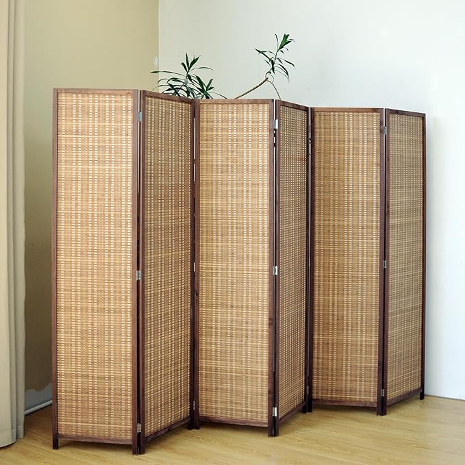 6 Panel Bamboo Room Divider, 5.6 FT Tall Folding Privacy Screen, Freestanding for Room Separation, Brown