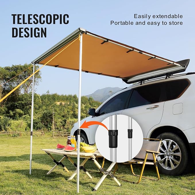 VEVOR Vehicle Awning 6.6'x8.2' Roof Rack Pull-Out Sun Shade UV50+ PU3000mm, Retractable Weatherproof 4x4 Side Awning for SUV Outdoor Camping & Overland (Hardware Included), w/Waterproof Storage Bag