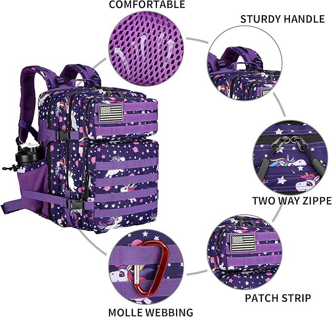 25L Tactical Military Backpack Small Travel Rucksack for Men and Women Assault Pack Bug Out Bag Molle Daypack Gym Backpack with Bottle Holder (Purple Pony)