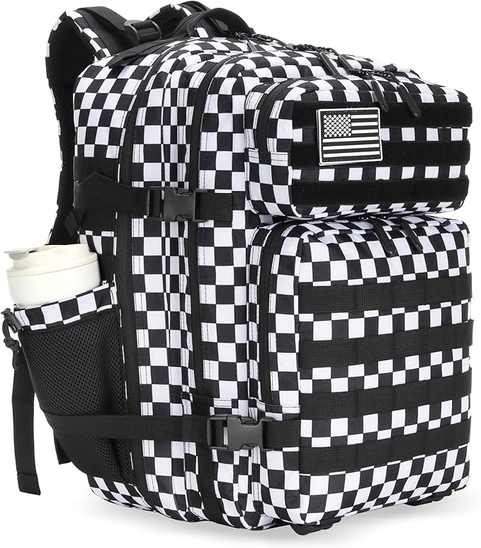 45L Tactical Assault Backpack 3 day assault pack with Molle Waterproof backpack Rucksack for Tactical Backpacks (Black and white check)