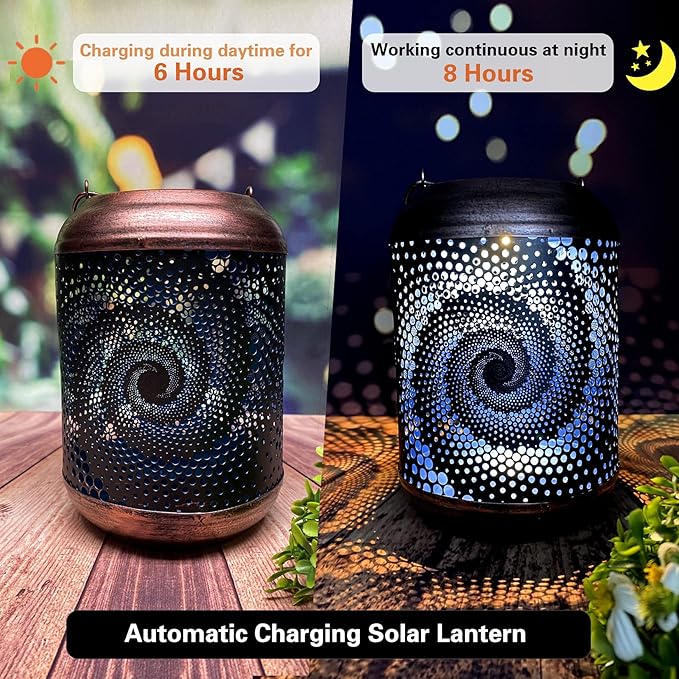 2 Pack Solar Lanterns Outdoor Hanging Metal Waterproof LED with Solar Powered Garden Patio Decorations Decor with Handle Christmas Gift Idea
