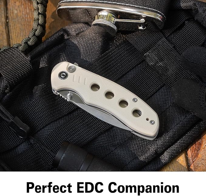 CIVIVI Triptych Folding Pocket Knife, 2.97" 14C28N Blade G10 Handle with Reversible Clip, Button Lock Knife for EDC Camping Hiking C23085B-2, Ivory