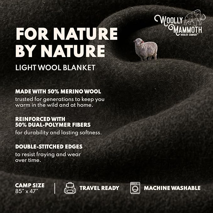Woolly Mammoth Wool Blanket - Warm Thick 50% Wool Blanket - Machine-Washable Picnic, Travel & Winter Outdoor Throw, 85"x47" Grey