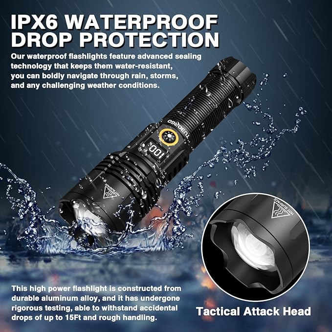 Rechargeable Flashlights 2200 High lumens, Super Bright LED Tactical Flashlight, Zoomable, IPX6 Waterproof, 6 Modes, Powerful Handheld Flash Light for Emergencies, Camping, Hiking
