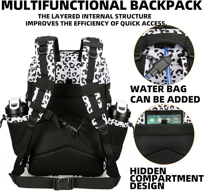 25L Tactical Backpack Military Tactical Backpack for Men and Women Small Assault Pack Outdoor Travel Hiking Camping Rucksack with Molle Webbing (White Leopard)