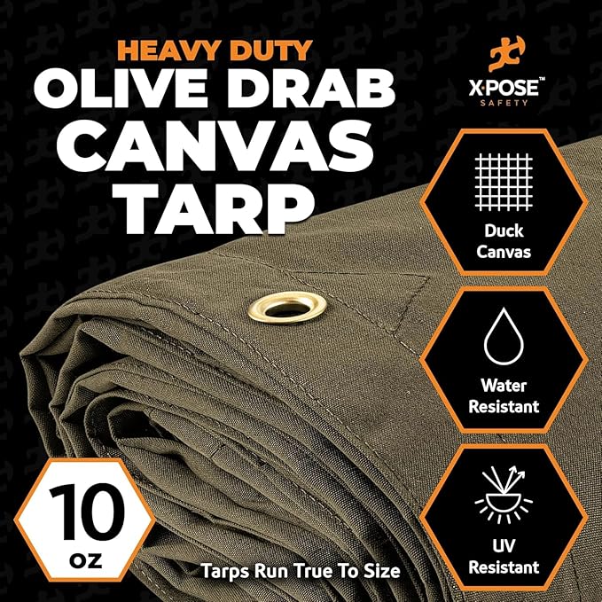 Xpose Safety Canvas Tarp - 10oz Olive Drab Canvas Tarps Heavy Duty Water Resistant with Brass Grommets- Multipurpose Outdoor Tarpaulin for Camping, Canopy, Trailer, Equipment Cover 8' x 12' (2 Pack)