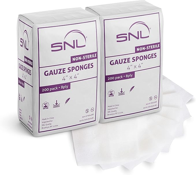 All-Purpose Gauze - 4" X 4" - Box of 400 - by SNL Quality, Non-Sterile, Latex Free, Gauze Sponge Pads, 8 Ply - (2x 200 Packs Inside), Ideal for First Aid, Beauty Applicator, Absorbent Dressing Bandage