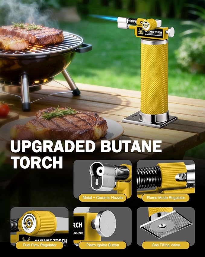 RAVS 2 Flame Mode Butane Torch Lighter, Refillable Kitchen Torch with Adjustable Flame and Safety Buckle, Yellow Jewelry Torch for Welding, Resin Art, Industrial, Butane Fuel not Include