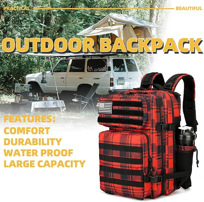 25L Tactical Backpack for Men Women Military Backpack Army Assault Pack Molle Backpack Small Bug Out Bag Travel Rucksack Daypack (Red Plaid)
