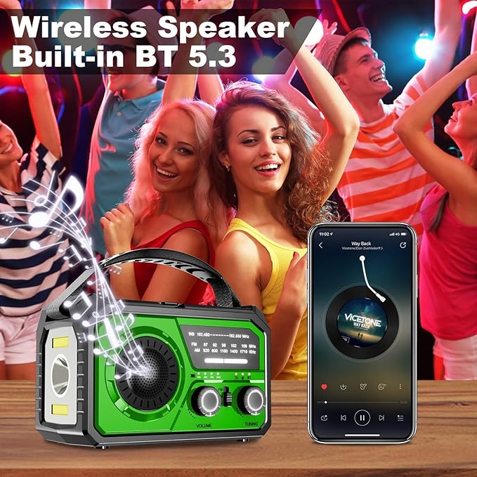 16000mAh Hand Crank Emergency Weather Radio with Wireless Speaker, 59200mWh NOAA AM FM Solar Radio with Flashlight Cell Phone Charger Reading Lamp Compass SOS for Camping and Survival (Light Green)