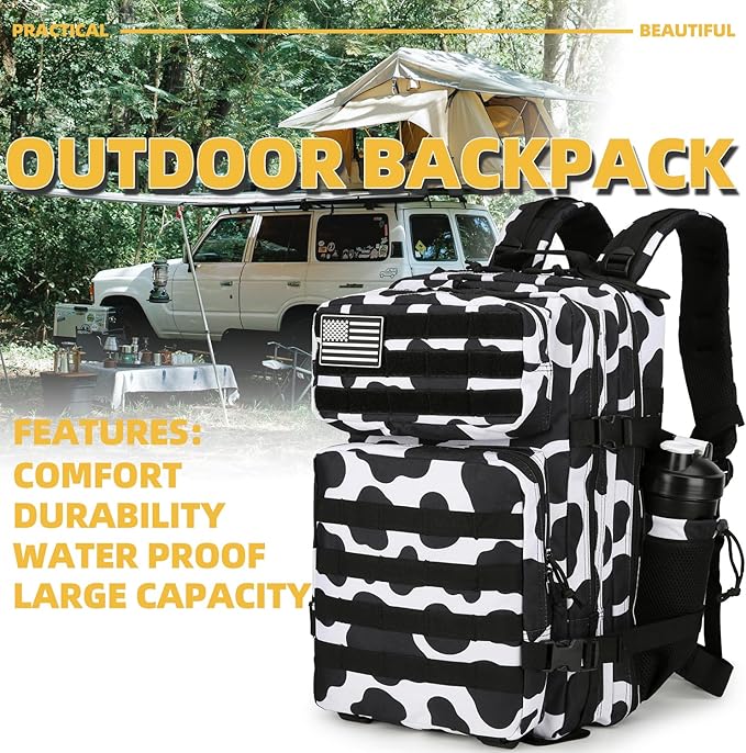 25L Tactical Backpack Military Tactical Backpack for Men and Women Small Assault Pack Outdoor Travel Hiking Camping Rucksack with Molle Webbing (Cow Print)