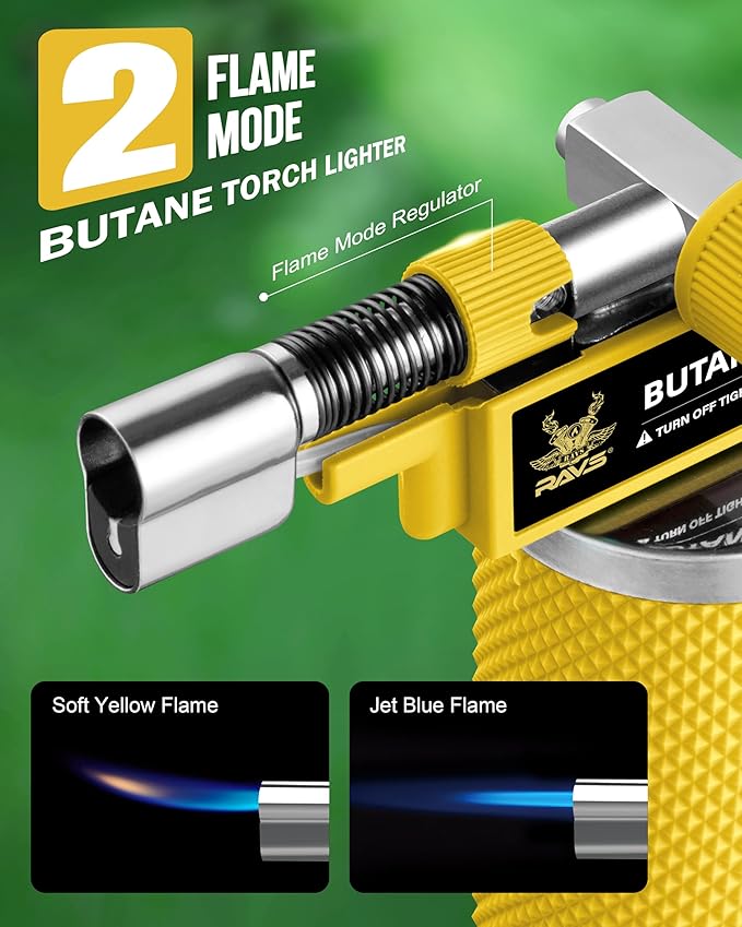 RAVS 2 Flame Mode Butane Torch Lighter, Refillable Kitchen Torch with Adjustable Flame and Safety Buckle, Yellow Jewelry Torch for Welding, Resin Art, Industrial, Butane Fuel not Include