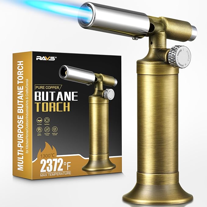 RAVS Copper Butane Torch Lighter, Refillable Kitchen Torch Cooking Torches, Blow Torch with Adjustable Flame, Creme Brulee Torch for Baking, Soldering Torch Gifts for Men, Butane is Not Included