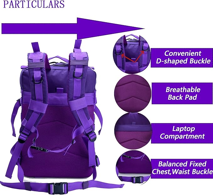 45L Military Tactical Backpack for Men & Women Bug Out Bag Assault pack Molle Daypack Hiking Trekking Rucksack(Purple)