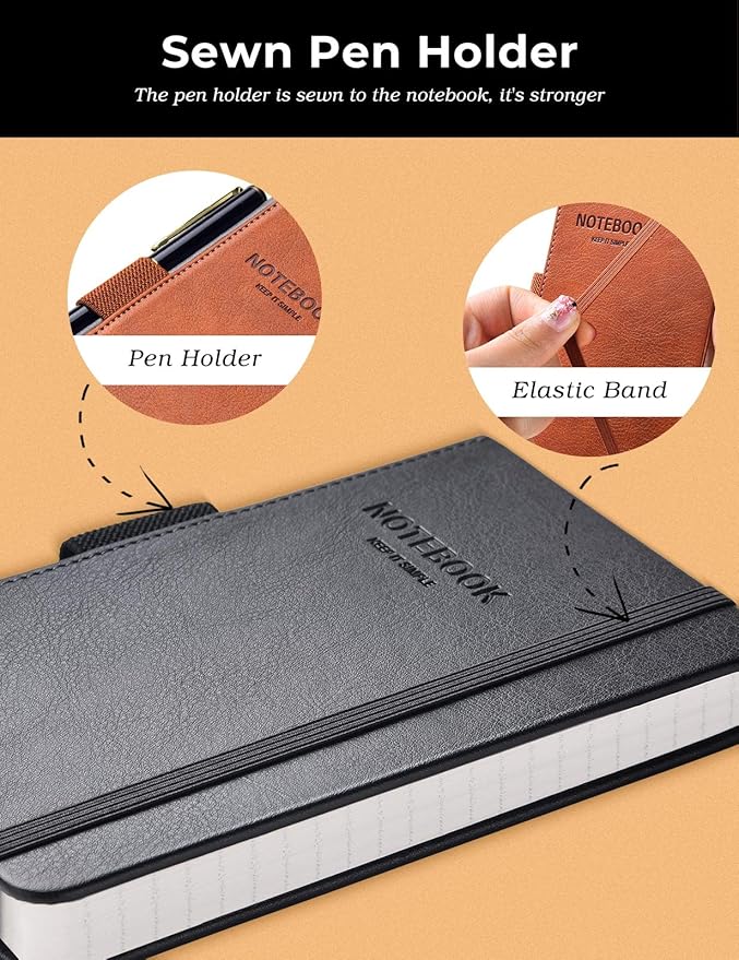 AISBUGUR Pocket Notebook Small Notebook 2-Pack, 3.5" x 5.5" Pocket Notebooks Hardcover with Thick Lined Paper, Inner Pockets, Cover Letter Embossing Design Mini Journal Notepad 1Black 1Brown Leather