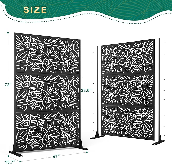 72" H47" W Metal Outdoor Privacy Screen - Freestanding, Decorative Fence (3 Panels)