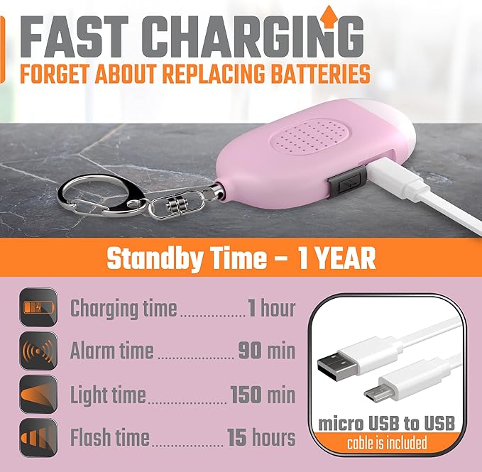 WETEN Rechargeable Self Defense Keychain Alarm – 130 dB Loud Emergency Personal Siren Ring with LED Light – SOS Safety Alert Device Key Chain for Women, Kids, Elderly, and Joggers (Pink)