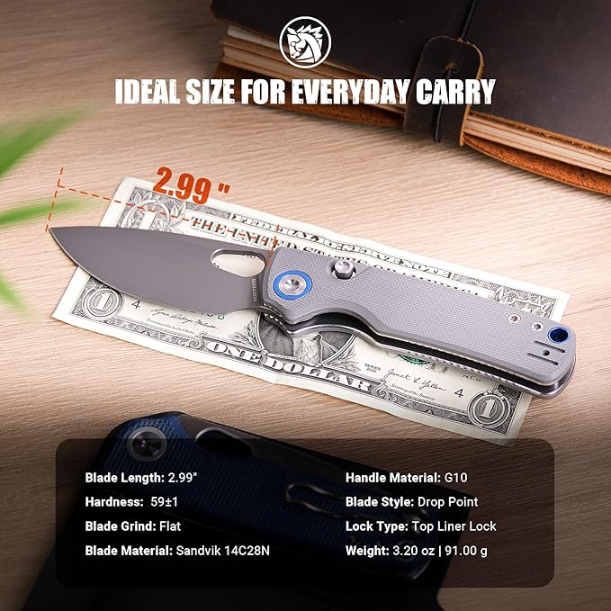 Vosteed Porcupine EDC Knife, 2.99" Sandvik 14C28N Steel Blade, Gray G10 Handle Top Liner Lock, Lightweight Folding Pocket Knives with Clip, Outdoor Camping Hunting Knife - A2607