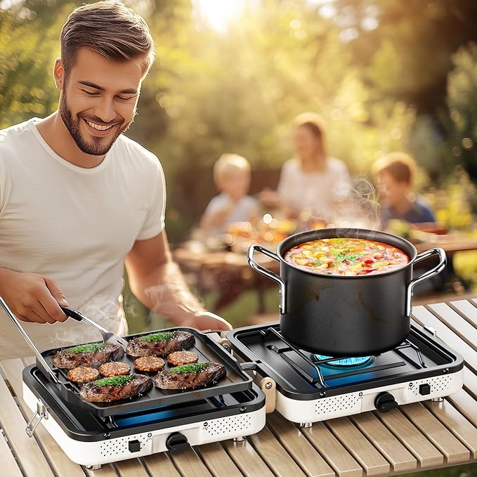 AFFLUENT 2 Burner Propane Camping Stove with Grill and Storage Bag- A Must - Have Camp Stove Propane! Foldable, Featuring Two Adjustable Burners Ideal Portable Camping Stove for Camping & BBQ(White)