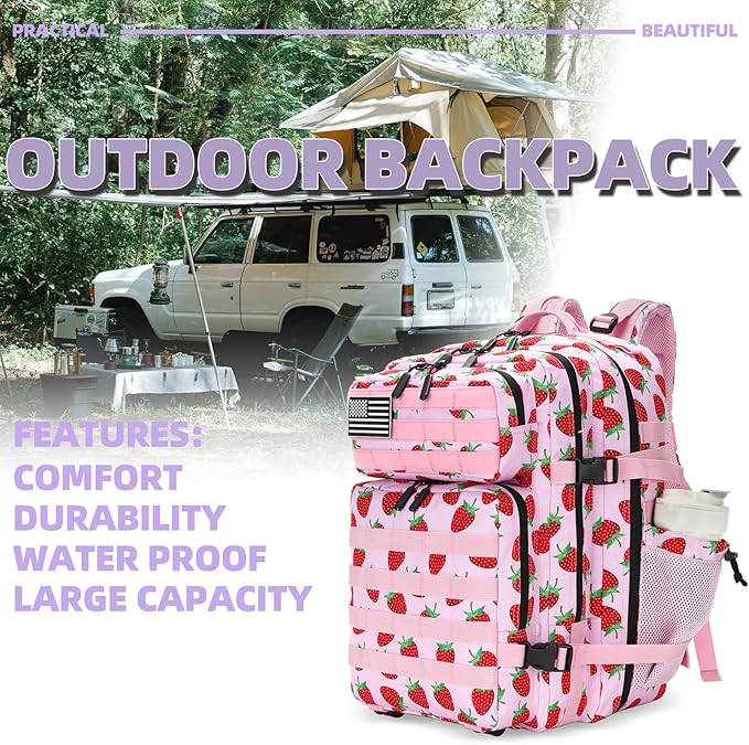 25L Tactical Military Backpack Small Travel Rucksack for Men and Women Assault Pack Bug Out Bag Molle Daypack Gym Backpack with Bottle Holder (Strawberry)