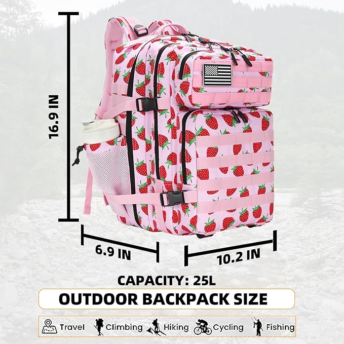 25L Tactical Military Backpack Small Travel Rucksack for Men and Women Assault Pack Bug Out Bag Molle Daypack Gym Backpack with Bottle Holder (Strawberry)