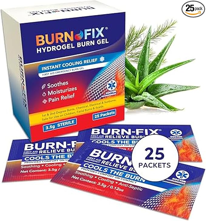 BurnFix® Hydrogel Burn Gel Packets – 3.5 g Soothing First Aid Burn Cream for Instant Cooling Relief on Minor Burns, Sunburns & Scalds │ Ideal Emergency Kit Essential (Pack of 25)