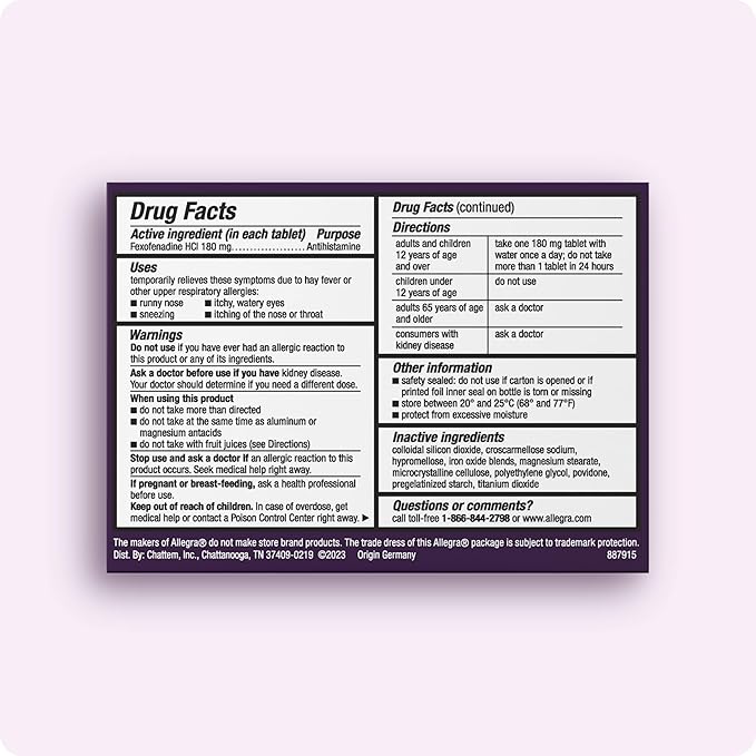 Allegra Adult 24-Hour Allergy Relief Tablets with Bonus Tissue Pack, Non-Drowsy Indoor and Outdoor Allergy Medicine, 180 mg Fexofenadine HCI Antihistamine Pill, 100-Count