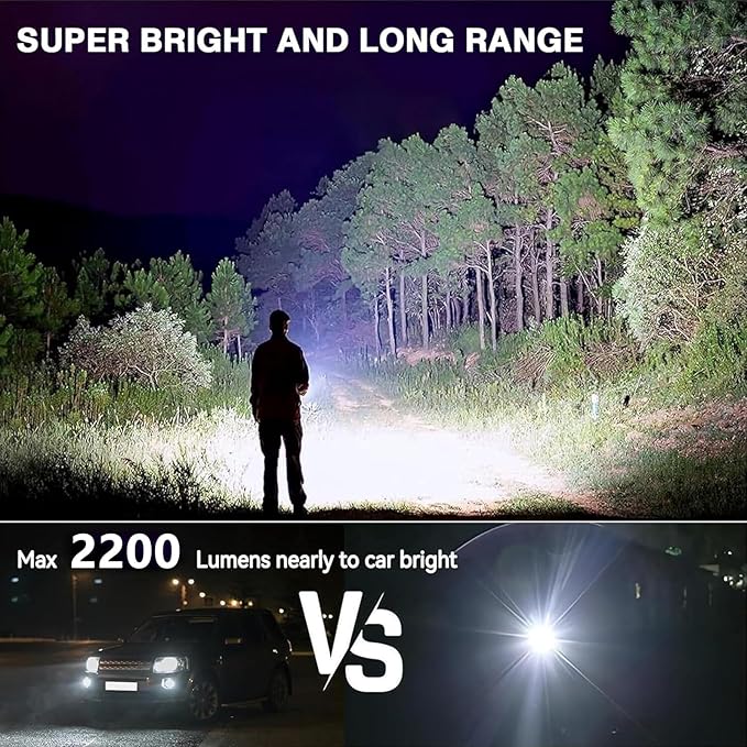 Rechargeable Flashlights 2200 High lumens, Super Bright LED Tactical Flashlight, Zoomable, IPX6 Waterproof, 6 Modes, Powerful Handheld Flash Light for Emergencies, Camping, Hiking