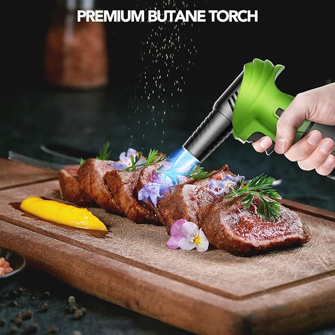 Butane Torch Lighter, 0-90°Rotating Angle Butane Lighter, Refillable Kitchen Torch with Safety Lock, Adjustable Flame for Soldering (Green and Black)