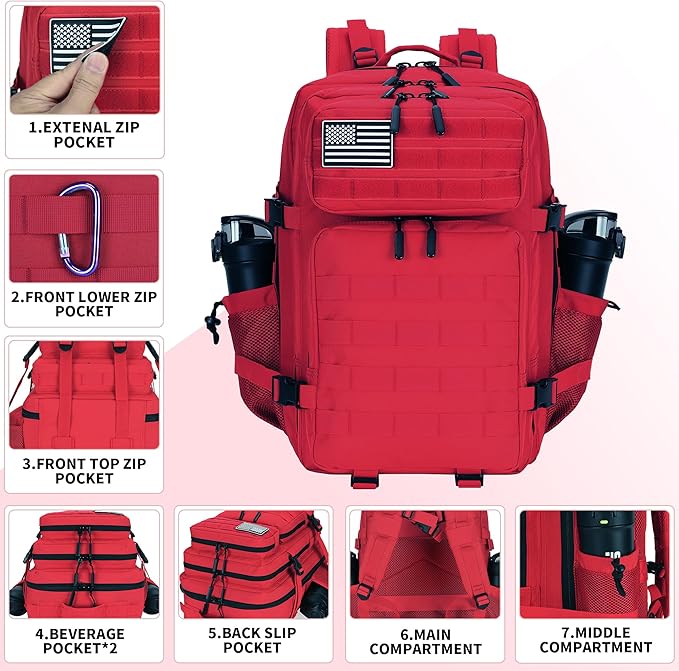 45L Tactical Assault Backpack 3 day assault pack with Molle Waterproof backpack Rucksack for Tactical Backpacks (Red)
