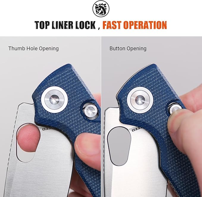 Vosteed Porcupine EDC Pocket Knife, Lightweight Folding knife - 2.99" 14C28N Steel Blade, Thumb hole, Blue Micarta Handle Top Liner Lock Knives for Camping Survival - A2605