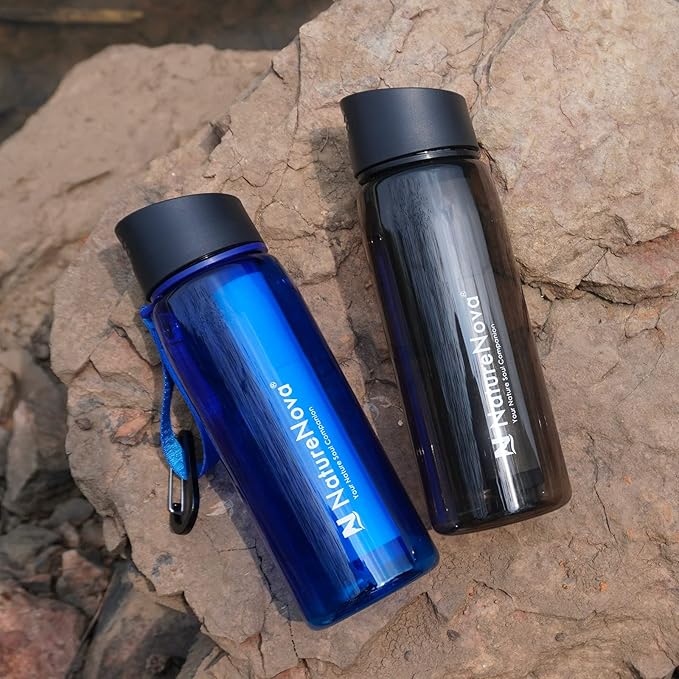 Water Filter Bottle with 4-Stage Integrated Filter Straw BPA Free for Camping, Hiking, Backpacking, Emergency and Travel, Black 650ml