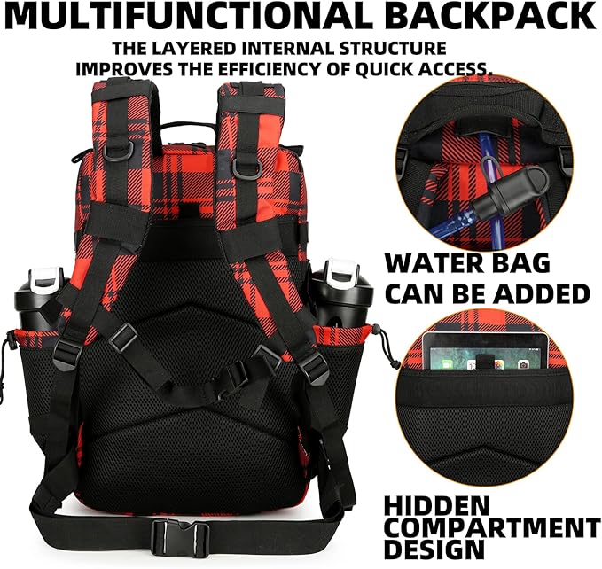 25L Tactical Backpack for Men Women Military Backpack Army Assault Pack Molle Backpack Small Bug Out Bag Travel Rucksack Daypack (Red Plaid)
