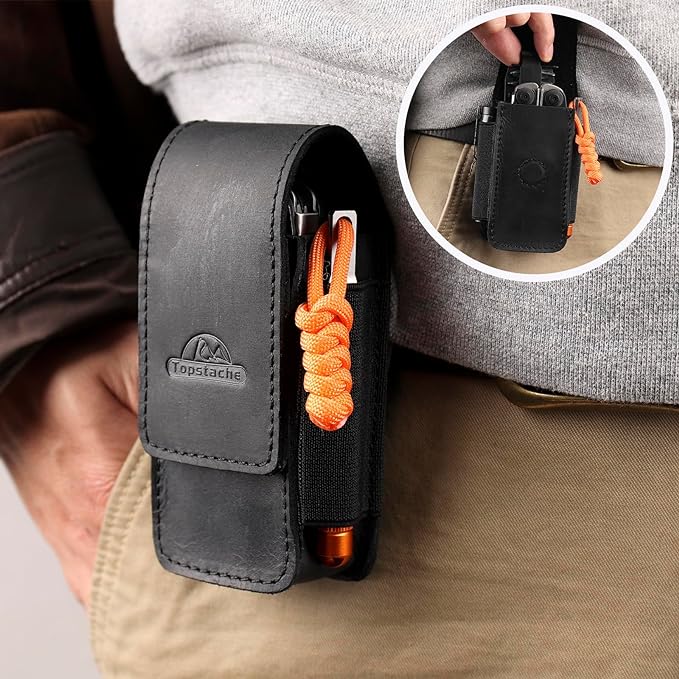 Topstache Leather Multitool Sheath for Belt - Multitool Holster for Belt - Leather Multitool Pouch Fits Folding Tool - Magnetic Closure EDC Belt Organizer - EDC Belt Pouch - Multitool Holder, Black