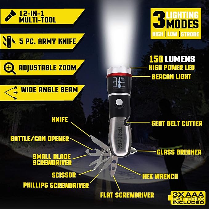 ZeroDark Pocket Knife Flashlight Multitool Emergency Car Kit with Car Window Breaker Seatbelt Cutter - 10-in-1 Car Escape Tool with Swiss Army Knife, Batteries Included