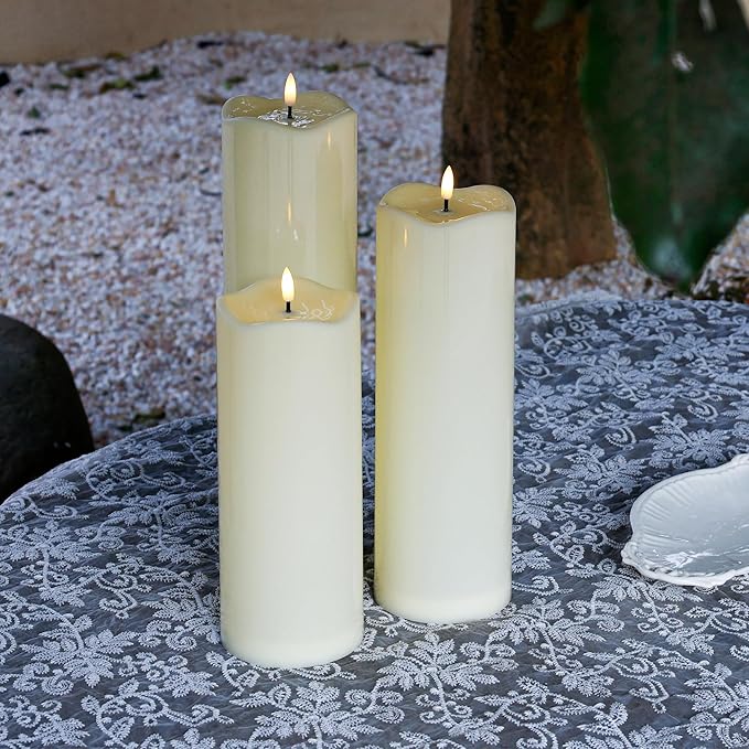 4" x12" Outdoor Waterproof Candles with Timer, Large Pillar Candles Battery Operated, Plastic Tall Flameless Candles for Garden Patio Porch Home Party, Ivory 1Pack