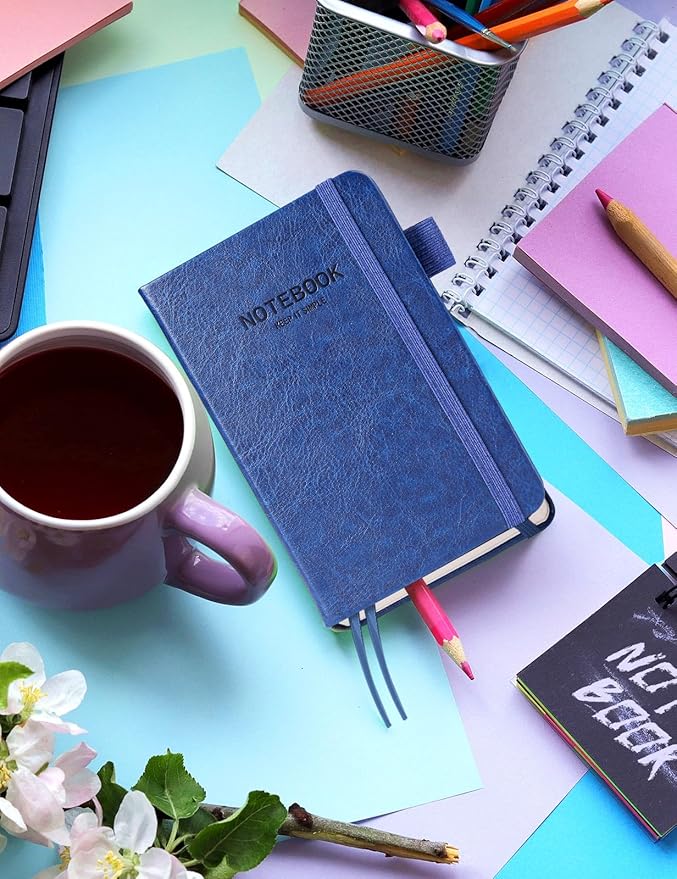 AISBUGUR Pocket Notebook Small Notebook 2-Pack, 3.5" x 5.5" Pocket Notebooks Hardcover with Thick Lined Paper, Inner Pockets, Cover Letter Embossing Design Mini Journal Notepad 1Black 1Blue Leather