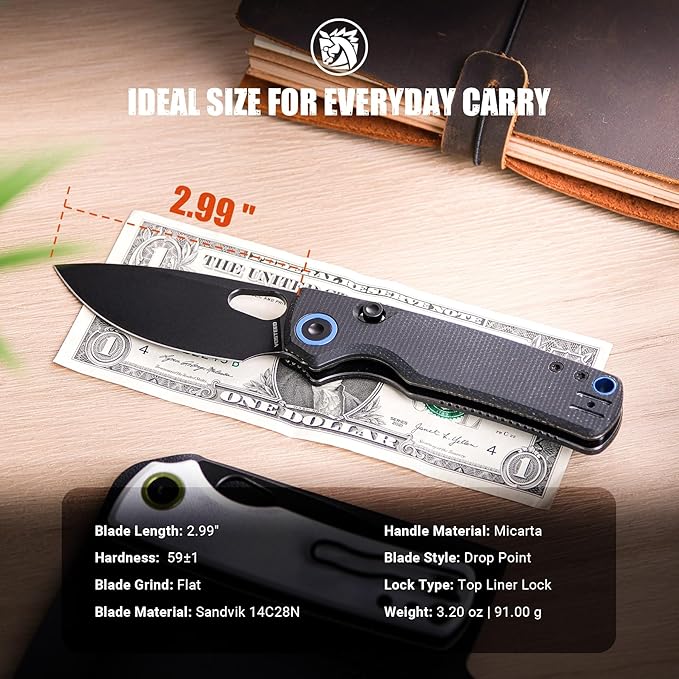 Vosteed Porcupine EDC Folding Knife, 2.99’’ 14C28N Steel Big Belly Blade, Top Liner Lock Micarta Handle - Lightweight Pocket knives for Men & Women Camping Hiking - A2601