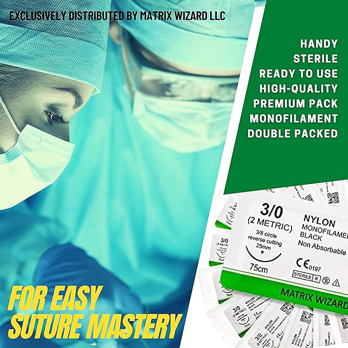 3-0 Sterile Sutures Thread with Needle (Black Monofilament) - Medical and Nursing Student's Surgical Practice Suture Kit, Training with Stitching Pad, First Aid Field Emergency Demo, Vet Use