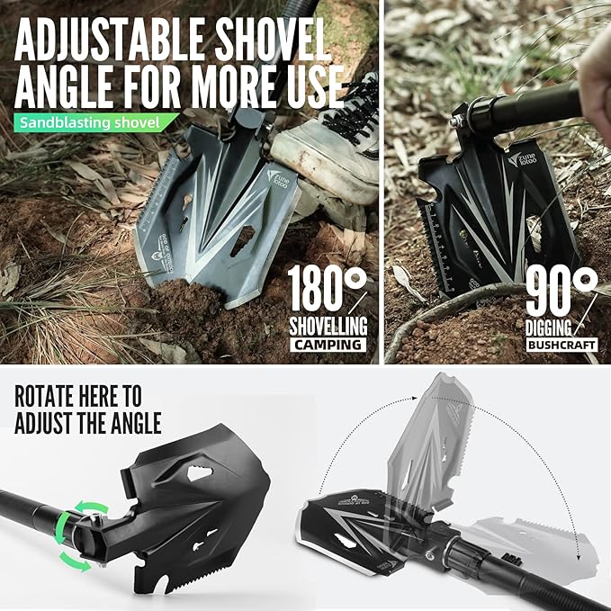 Zune Lotoo Tactical Shovel Survival Tool, 18 in 1 Small Camping Shovel Folding Multitool Compact Entrenching Tool Heavy Duty for Hiking Backpack Emergency Spade Lightweight Car Truck Gift Survivalist