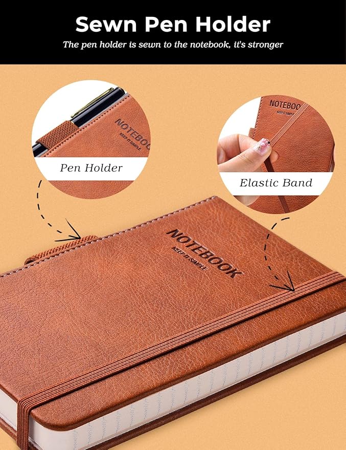 AISBUGUR Pocket Notebook Small Notebook 2-Pack, 3.5" x 5.5" Pocket Notebooks Hardcover with Thick Lined Paper, Inner Pockets, Cover Letter Embossing Design Mini Journal Notepad Brown Leather
