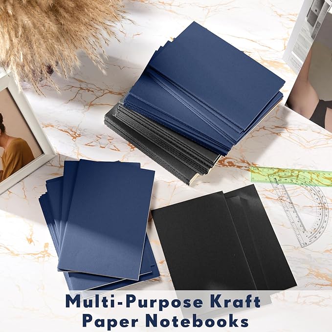 100 Pcs Kraft Notebook Journals 5.5 Inch x 8.3 Inch A5 Softcover Notebooks Bulk for Writing Sketch Office Notepad with 60 Pages 30 Sheets(Black, Navy,Lined)