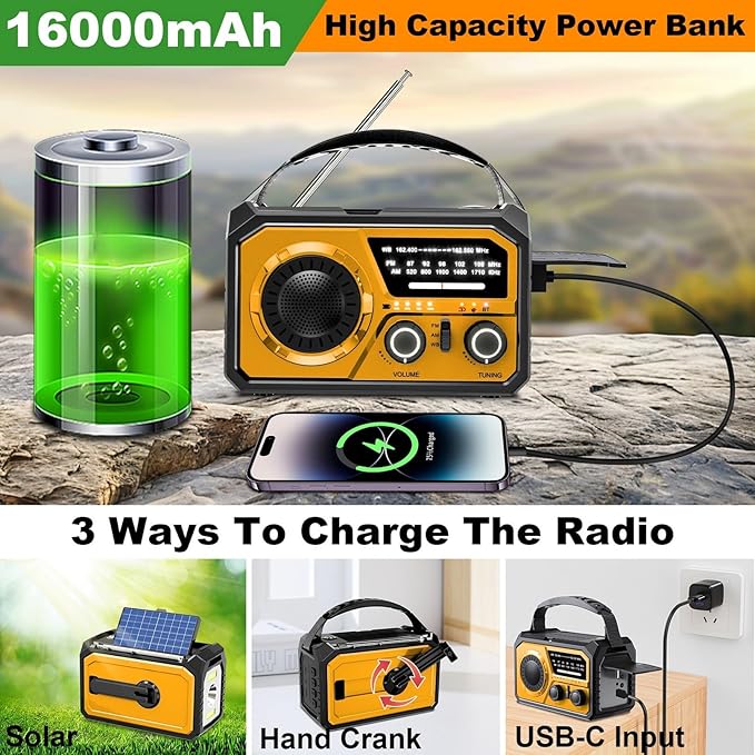 16000mAh Hand Crank Emergency Weather Radio with Wireless Speaker, 59200mWh NOAA AM FM Solar Radio with Flashlight Cell Phone Charger Reading Lamp Compass SOS for Camping and Survival (Yellow)