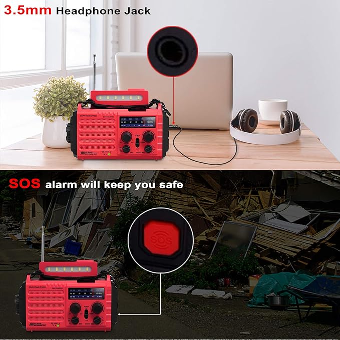 5000mAh Weather Alert Radio, AM/FM/SW/NOAA Radio, Solar Hand Crank Portable Survival Emergency Radio,Rechargeable Battery Power Bank USB Cellphone Charger,Camping Flashlight Lantern,SOS Alarm,Compass