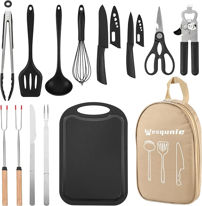 Camping Essentials Cookware Cooking Utensils Set - Portable Camp Kitchen Mess Kit Outdoor Accessories, Stainless Steel & Silicone, Camping Gear Equipment for RV Picnic Grill