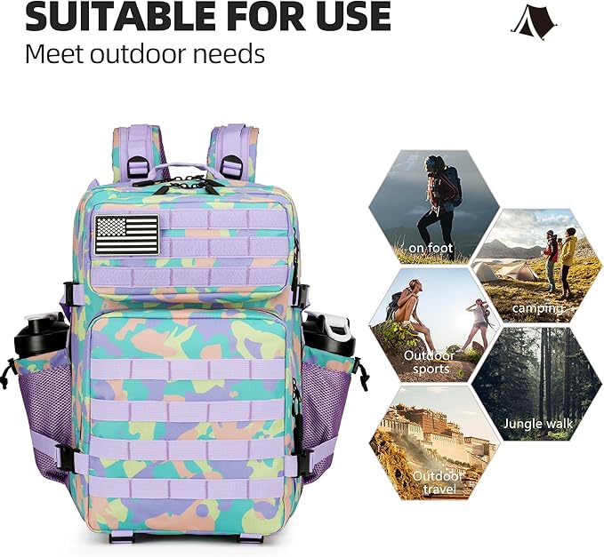 45L Tactical Assault Backpack 3 day assault pack with Molle Waterproof backpack Rucksack for Tactical Backpacks (PurpleGreenYellow)