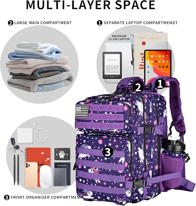 25L Tactical Military Backpack Small Travel Rucksack for Men and Women Assault Pack Bug Out Bag Molle Daypack Gym Backpack with Bottle Holder (Purple Pony)