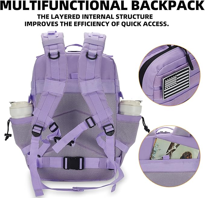 25L Tactical Backpack for Men Women Military Backpack Army Assault Pack Molle Backpack Small Bug Out Bag Travel Rucksack Daypack (Light Purple)
